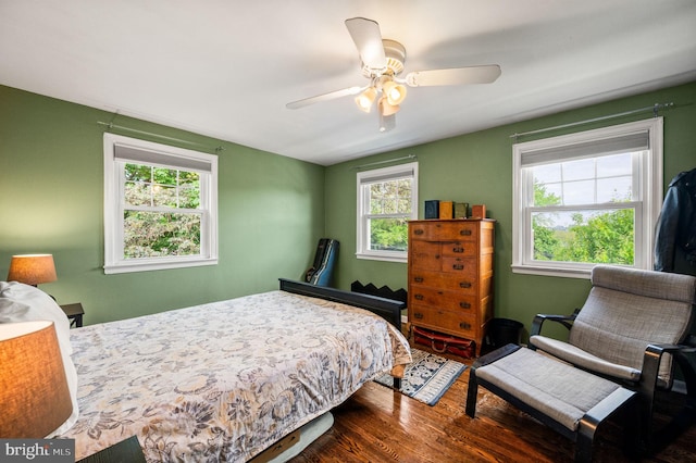 bedroom featuring a ceiling fan and dark wood-type flooring