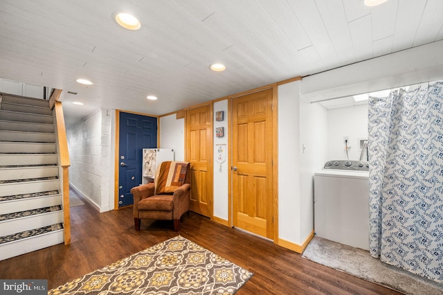 living area with washer / clothes dryer, stairs, wood finished floors, baseboards, and recessed lighting