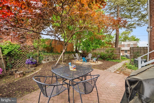 view of patio with a fenced backyard and outdoor dining area