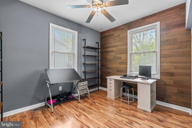 home office with plenty of natural light, wood walls, baseboards, and ceiling fan