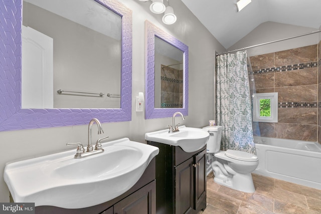 5310 Brabant Rd, Baltimore, MD 21229 - full bath featuring shower / bath combo, lofted ceiling, toilet, stone finish floors, and two vanities
