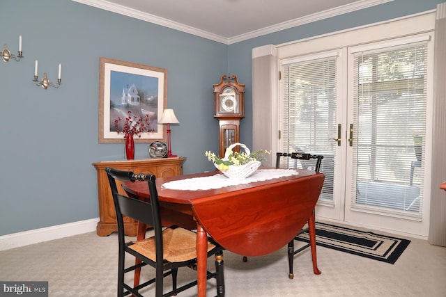 2426 Mount Pleasant Rd, Mount Joy, PA 17552 - dining space featuring ornamental molding, french doors, carpet, and baseboards