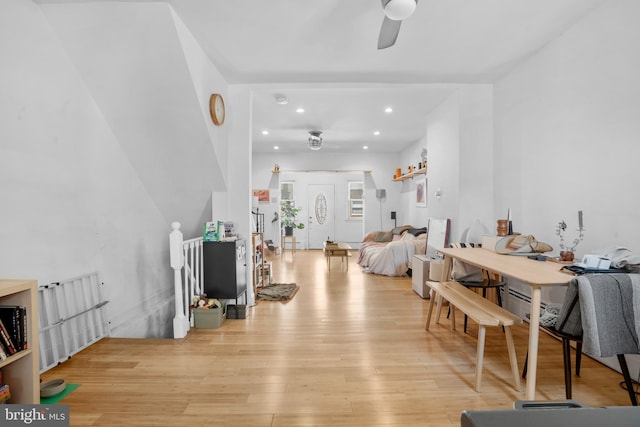 dining room with recessed lighting, ceiling fan, and light wood-style floors
