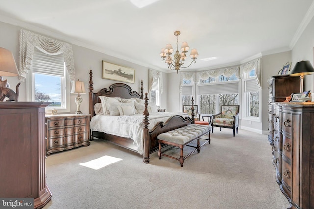 carpeted bedroom with crown molding, baseboards, multiple windows, and a notable chandelier