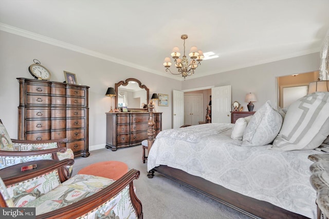 bedroom with carpet flooring, crown molding, and an inviting chandelier