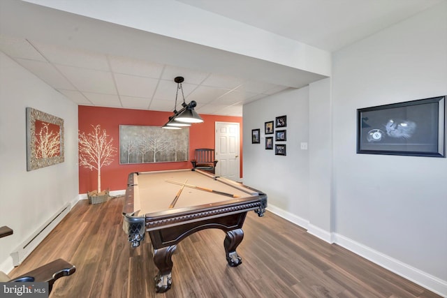 game room with wood finished floors, baseboards, billiards, a drop ceiling, and a baseboard radiator