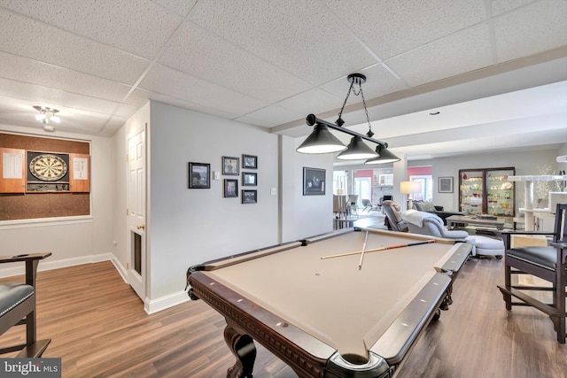 playroom with wood finished floors, baseboards, a drop ceiling, and pool table