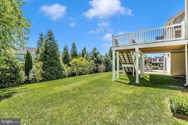 9743 Wyndham Dr, Frederick, MD 21704 - view of grassy yard featuring a wooden deck, a patio, and stairs