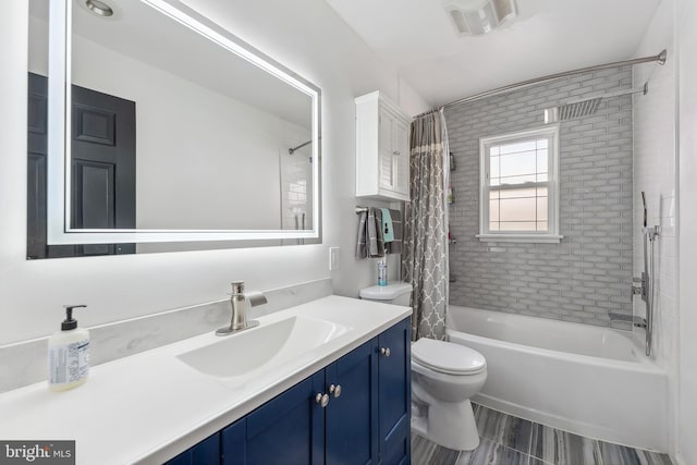 full bathroom featuring toilet, visible vents, shower / bathtub combination with curtain, and vanity