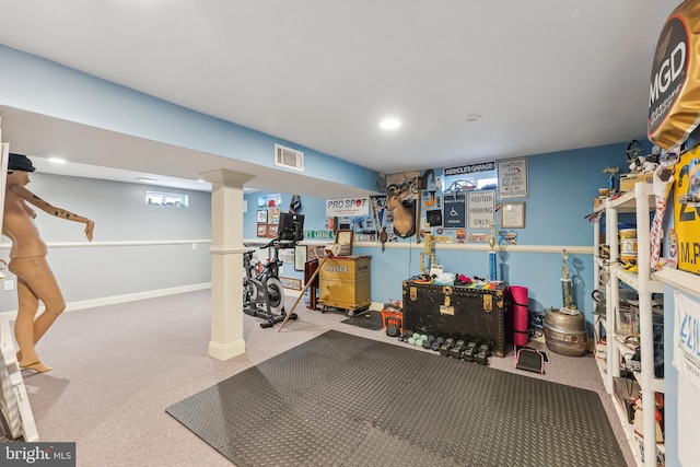interior space featuring carpet flooring, recessed lighting, baseboards, and visible vents