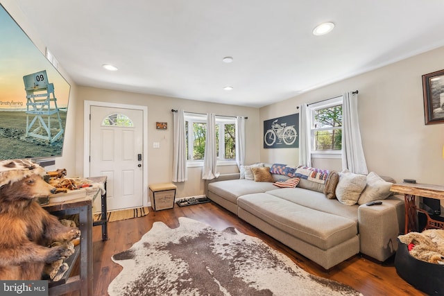 living room featuring recessed lighting, wood finished floors, and a wealth of natural light