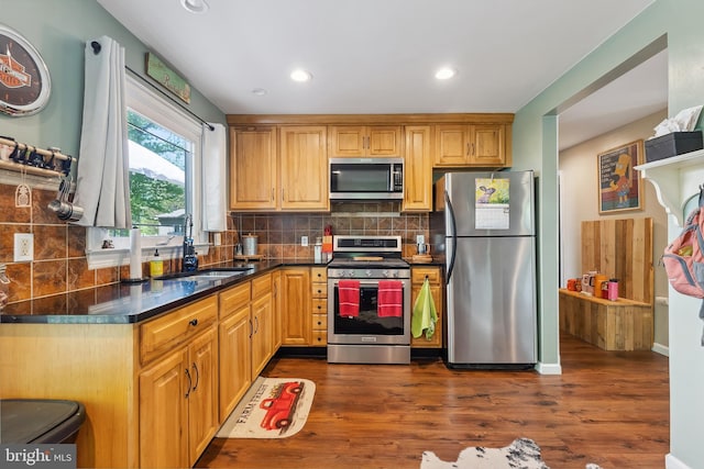 kitchen featuring dark countertops, appliances with stainless steel finishes, tasteful backsplash, and dark wood-type flooring