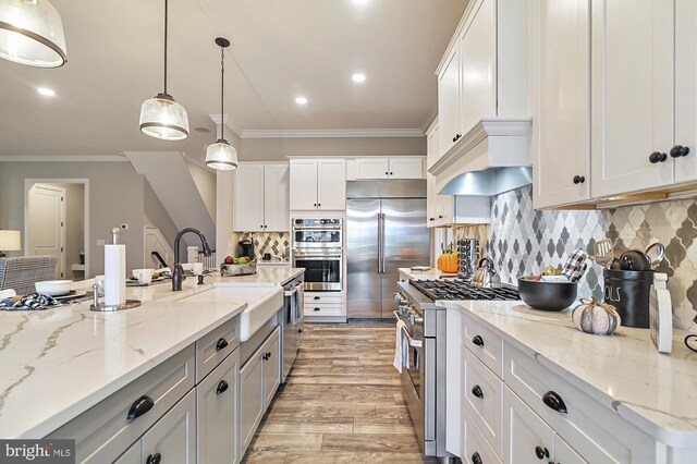 404 Wiggins Mill Rd, Townsend, DE 19734 - kitchen with crown molding, a sink, premium appliances, custom range hood, and light wood-style flooring