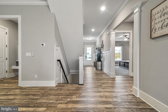 404 Wiggins Mill Rd, Townsend, DE 19734 - hall with baseboards, ornamental molding, dark wood-style floors, and an upstairs landing