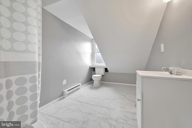 full bath with baseboard heating, vaulted ceiling, vanity, toilet, and marble finish floor
