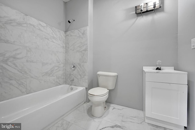 full bath with toilet, shower / tub combination, and marble finish floor
