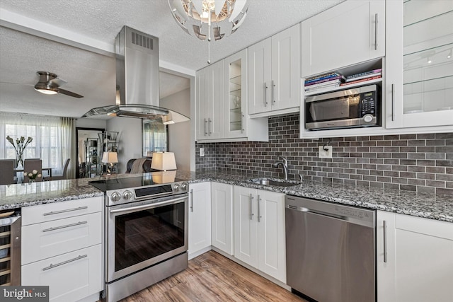 kitchen featuring exhaust hood, stainless steel appliances, white cabinetry, and a sink