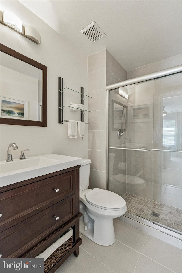 full bathroom with visible vents, tile patterned flooring, vanity, toilet, and a stall shower