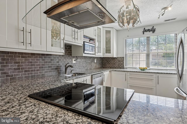 kitchen with a sink, white cabinetry, under cabinet range hood, and stainless steel appliances