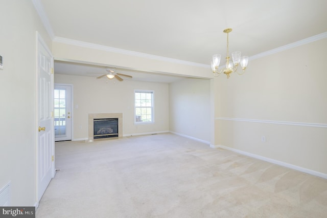 unfurnished living room featuring a fireplace with flush hearth, baseboards, and ornamental molding