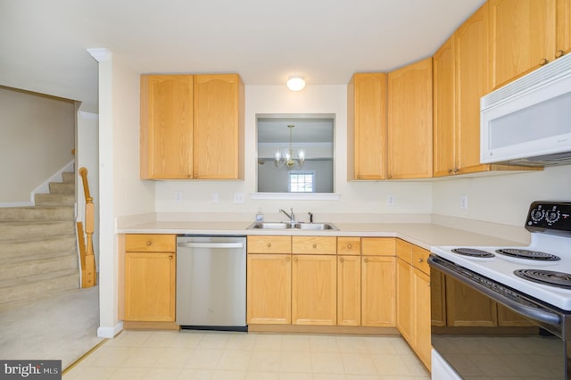 kitchen with range with electric cooktop, white microwave, a sink, dishwasher, and a notable chandelier