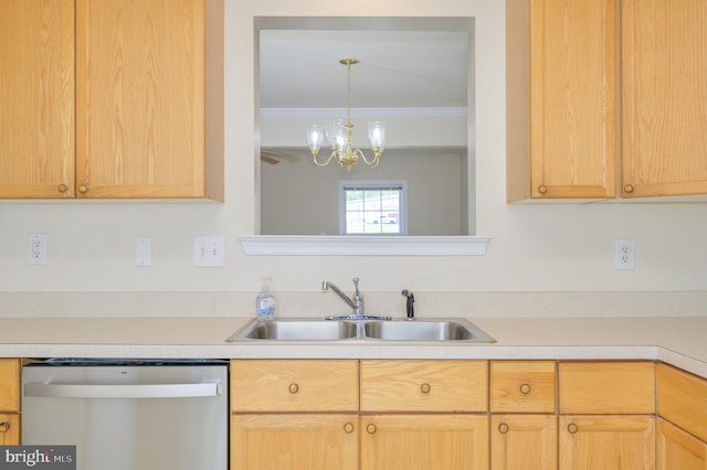 kitchen featuring crown molding, a sink, light countertops, a chandelier, and stainless steel dishwasher