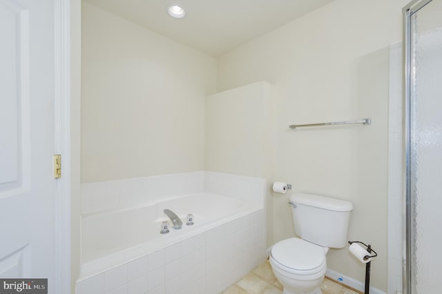 bathroom with a bath, tile patterned floors, toilet, a shower with door, and recessed lighting