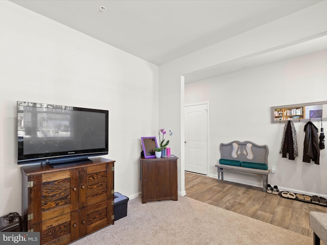 sitting room with baseboards and wood finished floors