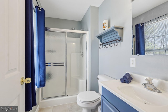 bathroom with vanity, toilet, tile patterned flooring, and a shower stall