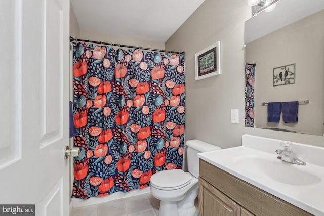 full bath with toilet, tile patterned floors, vanity, and a shower with shower curtain