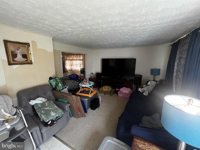 living area featuring a textured ceiling
