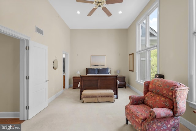 sitting room featuring visible vents, baseboards, ceiling fan, recessed lighting, and carpet