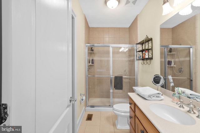 bathroom with vanity, visible vents, toilet, tile patterned floors, and a stall shower
