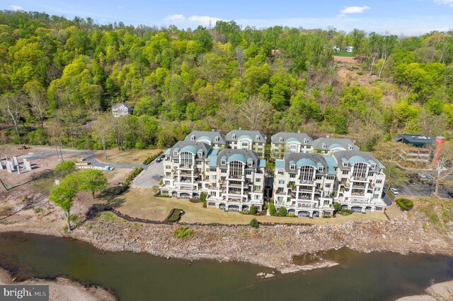 drone / aerial view with a water view and a view of trees