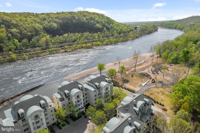 aerial view featuring a water view and a wooded view