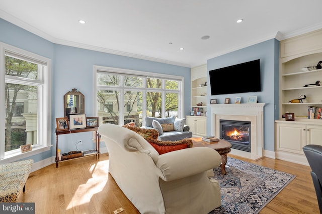 living area with crown molding, a glass covered fireplace, and a healthy amount of sunlight