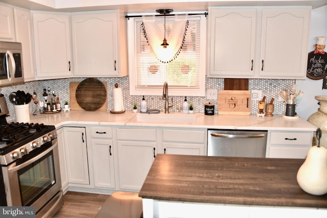 kitchen with wood finished floors, white cabinetry, tasteful backsplash, a sink, and stainless steel appliances