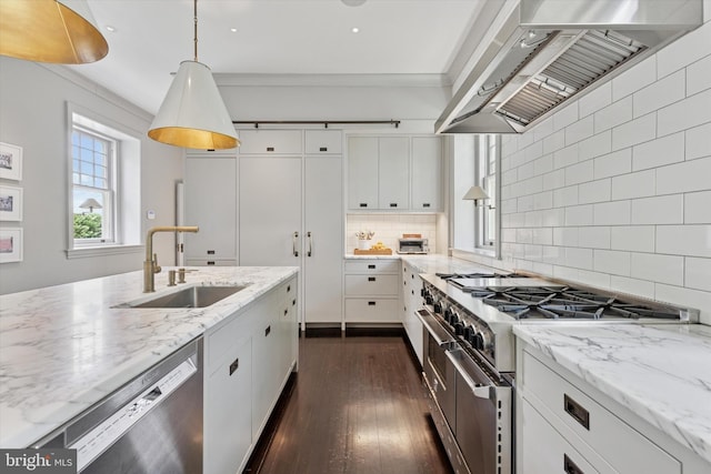 kitchen featuring appliances with stainless steel finishes, a sink, custom exhaust hood, backsplash, and dark wood-style floors