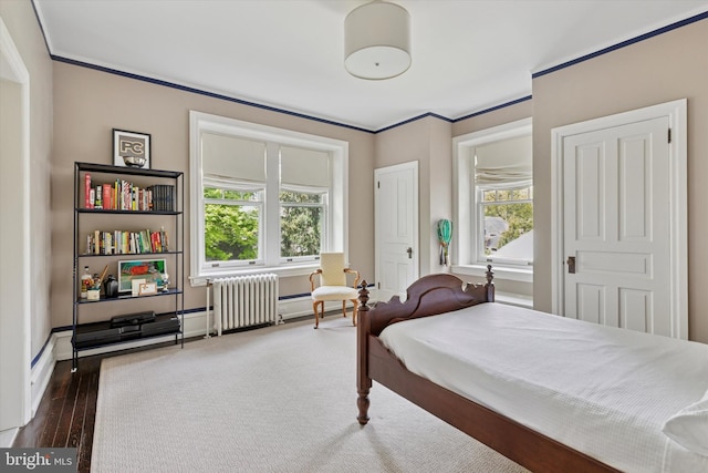 bedroom featuring ornamental molding, radiator, and dark wood finished floors