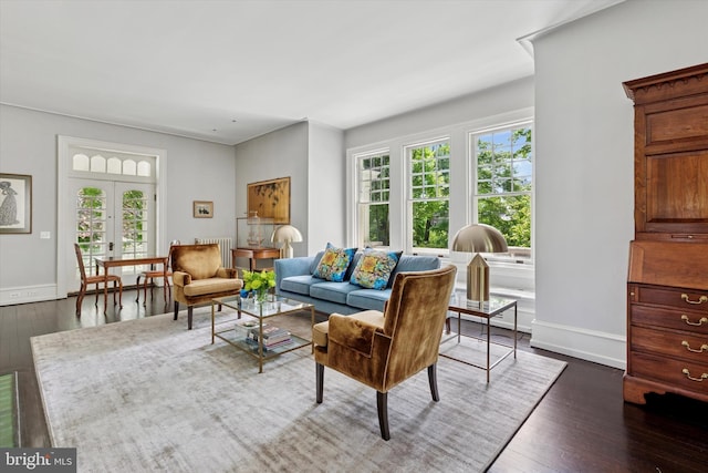 living room with baseboards, dark wood-style floors, and a wealth of natural light