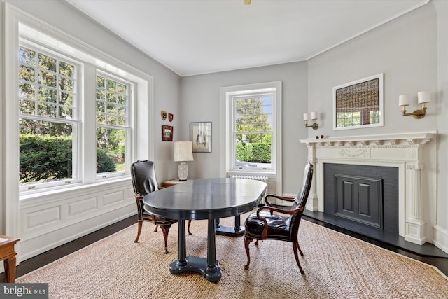 dining area with a healthy amount of sunlight, a fireplace, and dark wood-style floors