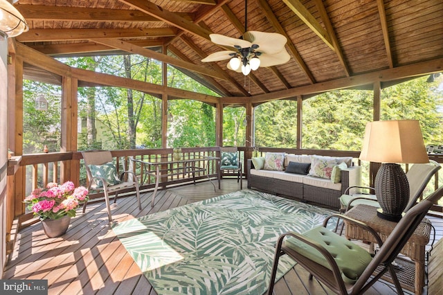 sunroom with an outdoor hangout area and ceiling fan