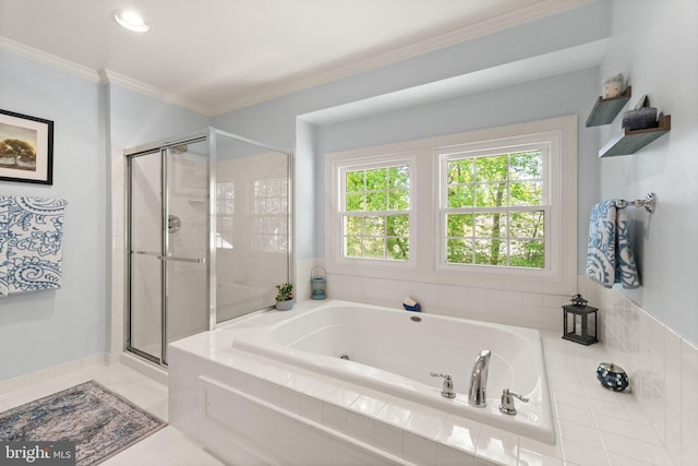 full bath featuring crown molding, tile patterned flooring, a shower stall, and a tub with jets