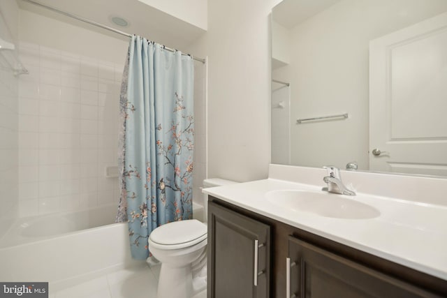 7201 Wood Pond Cir, Lanham, MD 20706 - bathroom featuring toilet, shower / bath combo with shower curtain, tile patterned floors, and vanity