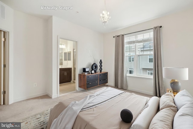 7201 Wood Pond Cir, Lanham, MD 20706 - bedroom featuring light colored carpet, baseboards, a chandelier, and connected bathroom