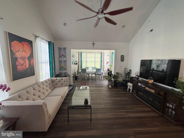 916 Holden Ct, Warminster, PA 18974 - living room with a ceiling fan, high vaulted ceiling, visible vents, and wood finished floors