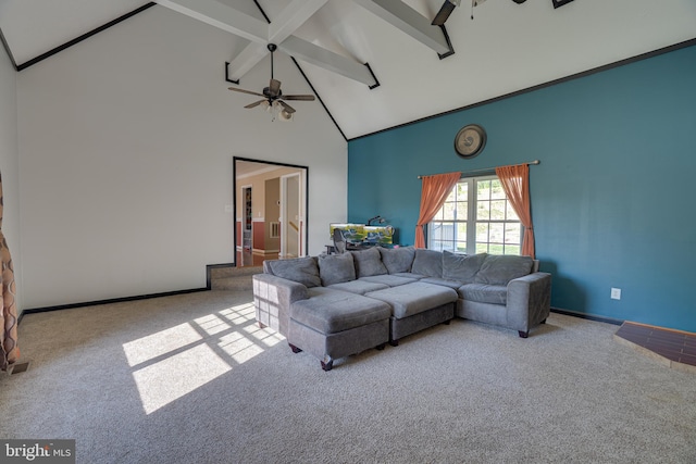 2417 Buck Hill Rd, Gerrardstown, WV 25420 - carpeted living room featuring baseboards, a ceiling fan, high vaulted ceiling, and beam ceiling