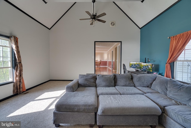 2417 Buck Hill Rd, Gerrardstown, WV 25420 - living room featuring ceiling fan, carpet floors, high vaulted ceiling, baseboards, and visible vents