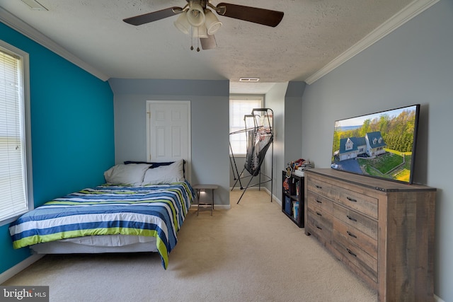 2417 Buck Hill Rd, Gerrardstown, WV 25420 - bedroom with ceiling fan, a textured ceiling, baseboards, ornamental molding, and light carpet