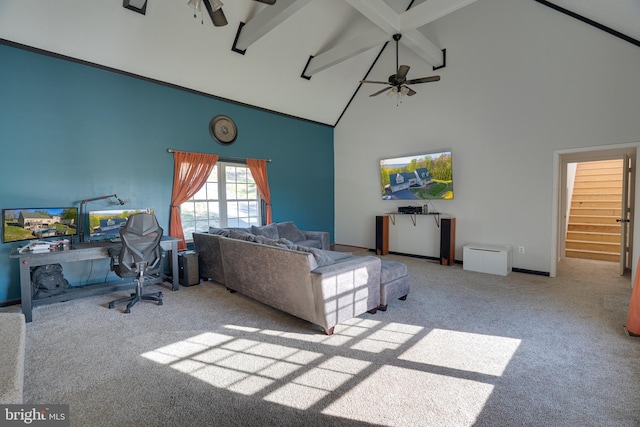 2417 Buck Hill Rd, Gerrardstown, WV 25420 - carpeted living area featuring a ceiling fan, beam ceiling, and high vaulted ceiling